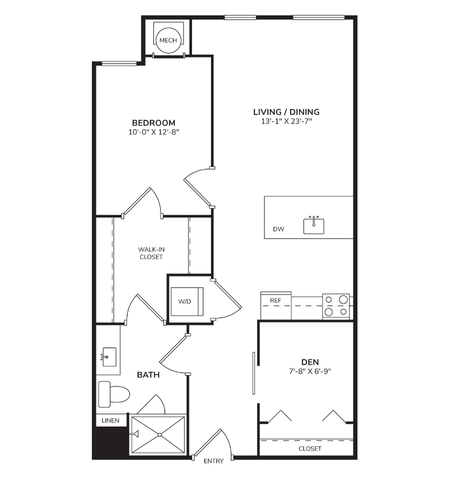 Floor plan for 1 bed, 1 bath, 755 sqft
